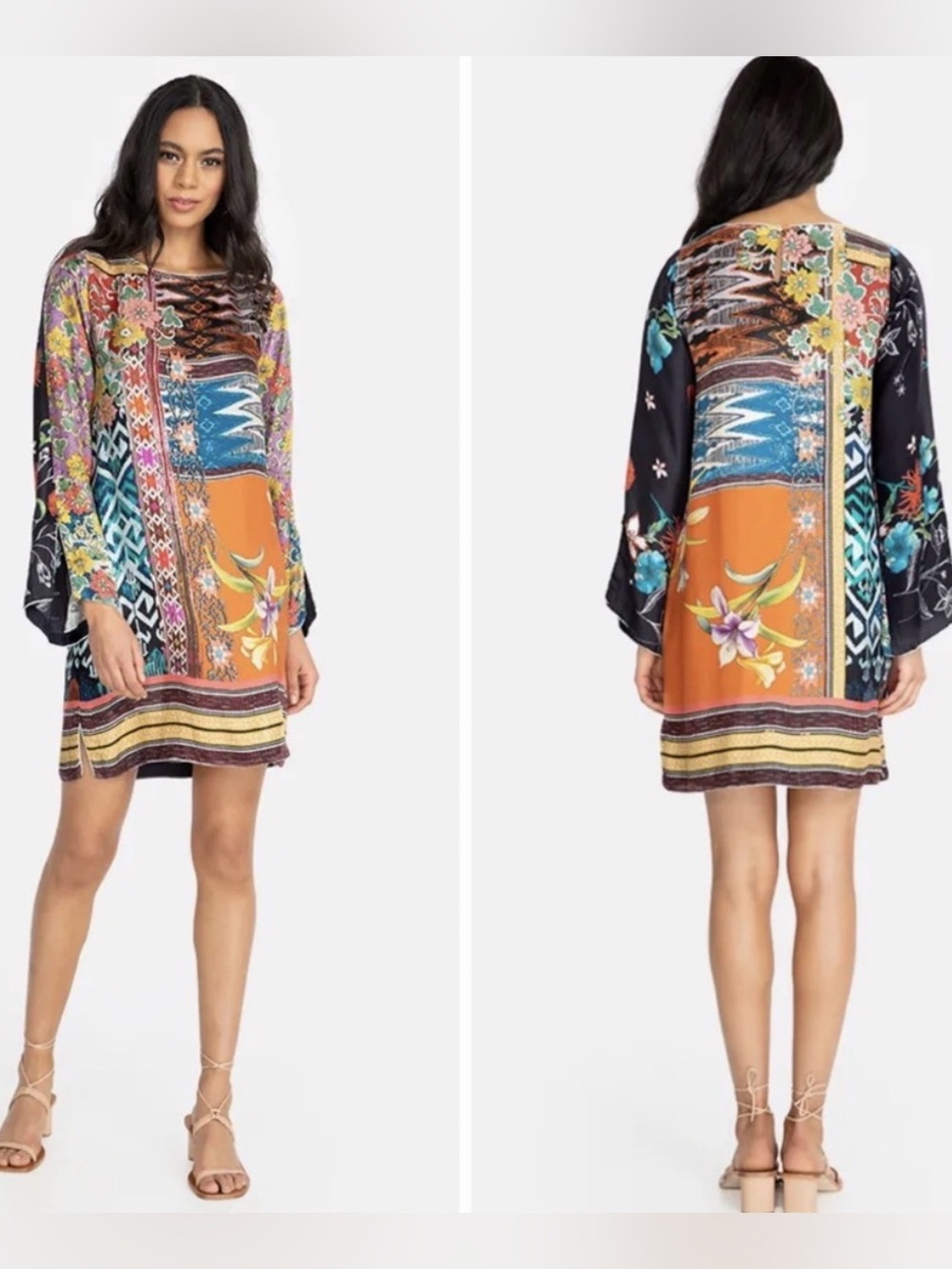 Johnny Was Dress S Silk Luna Floral Mixed Print Flare Sleeve Orange Multi Boho